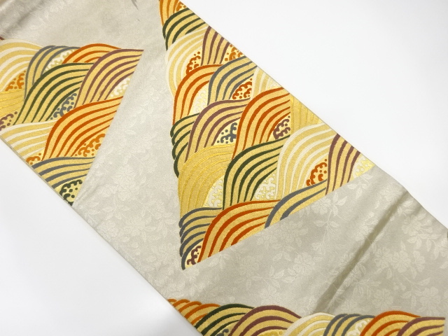 JAPANESE KIMONO / ANTIQUE FUKURO OBI / SILK / KINSAI / WOVEN SAKURA & WAVE